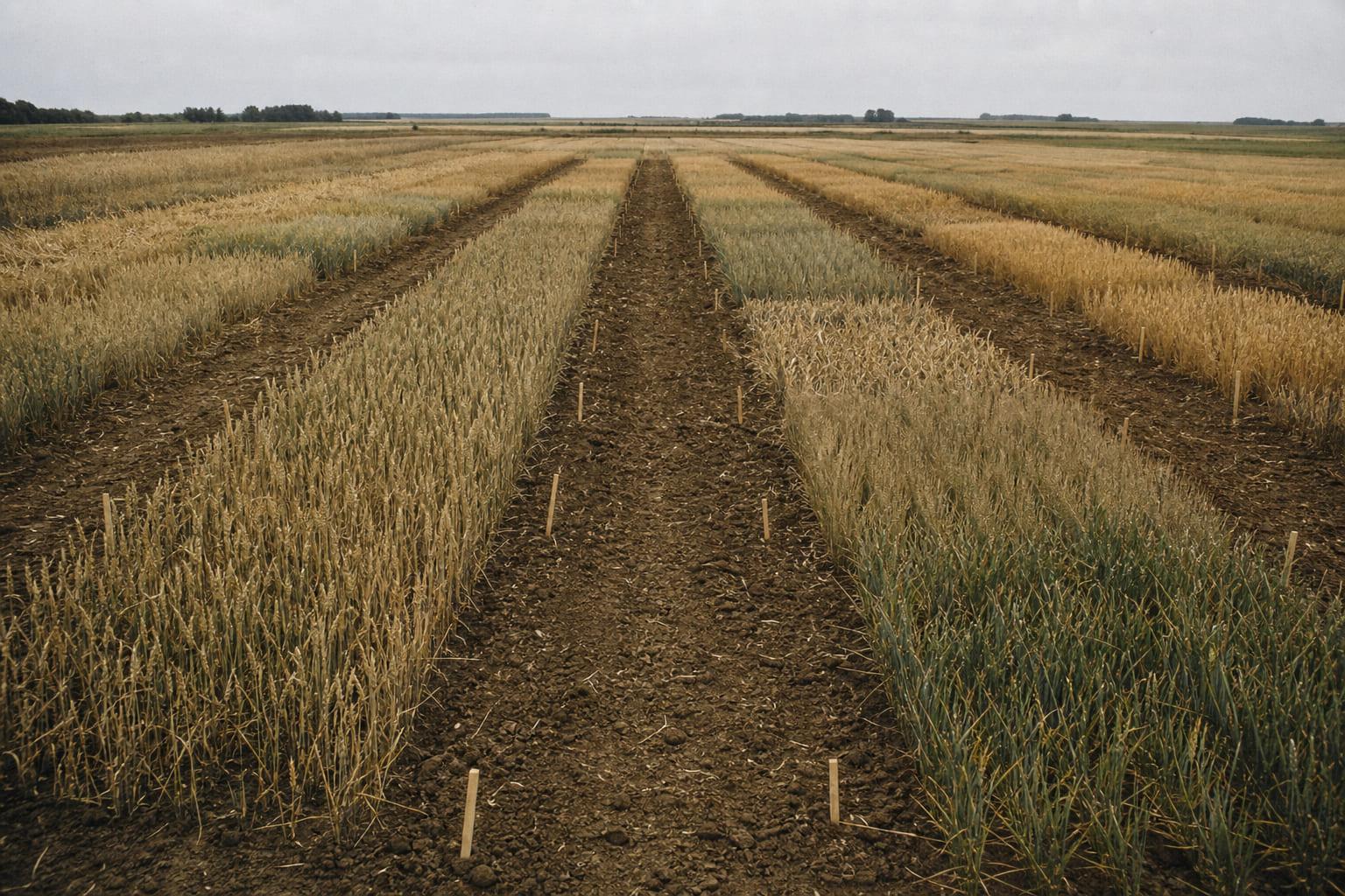 Field trial plots: narrow strips of different crop varieties separated by bare soil alleys, marked with plain stakes.